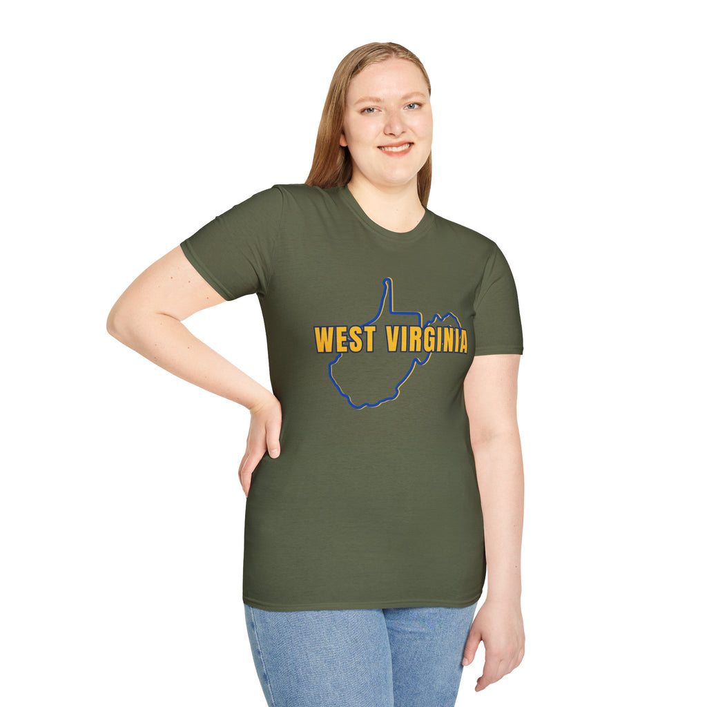 West Virginia Outline T-Shirt — State Pride Tee with "West Virginia" Text