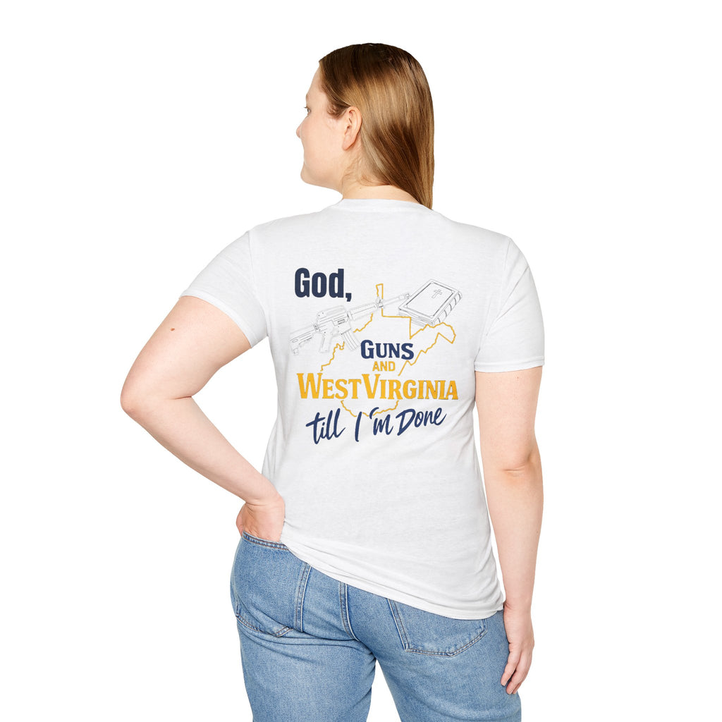 West Virginia Outline T‑Shirt – "God, Guns and West Virginia Till I'm Done" Graphic Tee