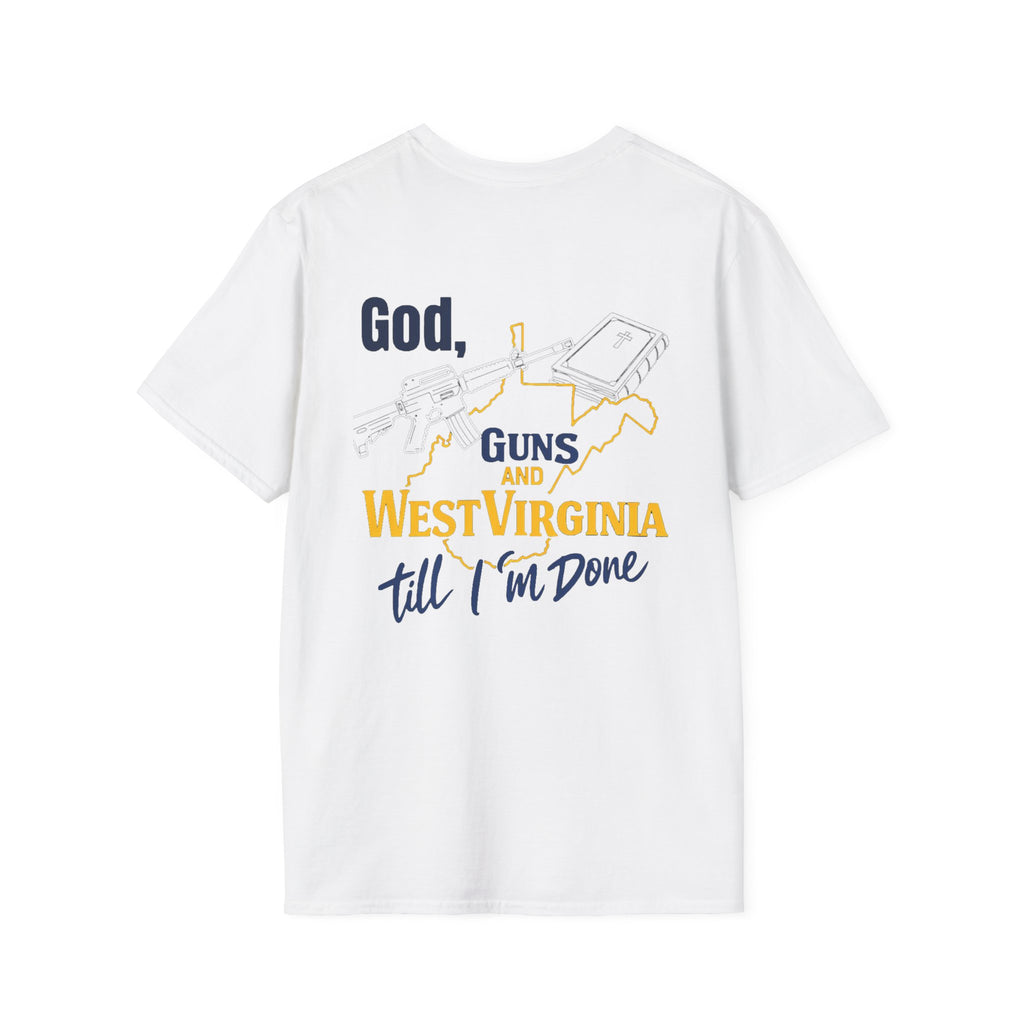 West Virginia Outline T‑Shirt – "God, Guns and West Virginia Till I'm Done" Graphic Tee