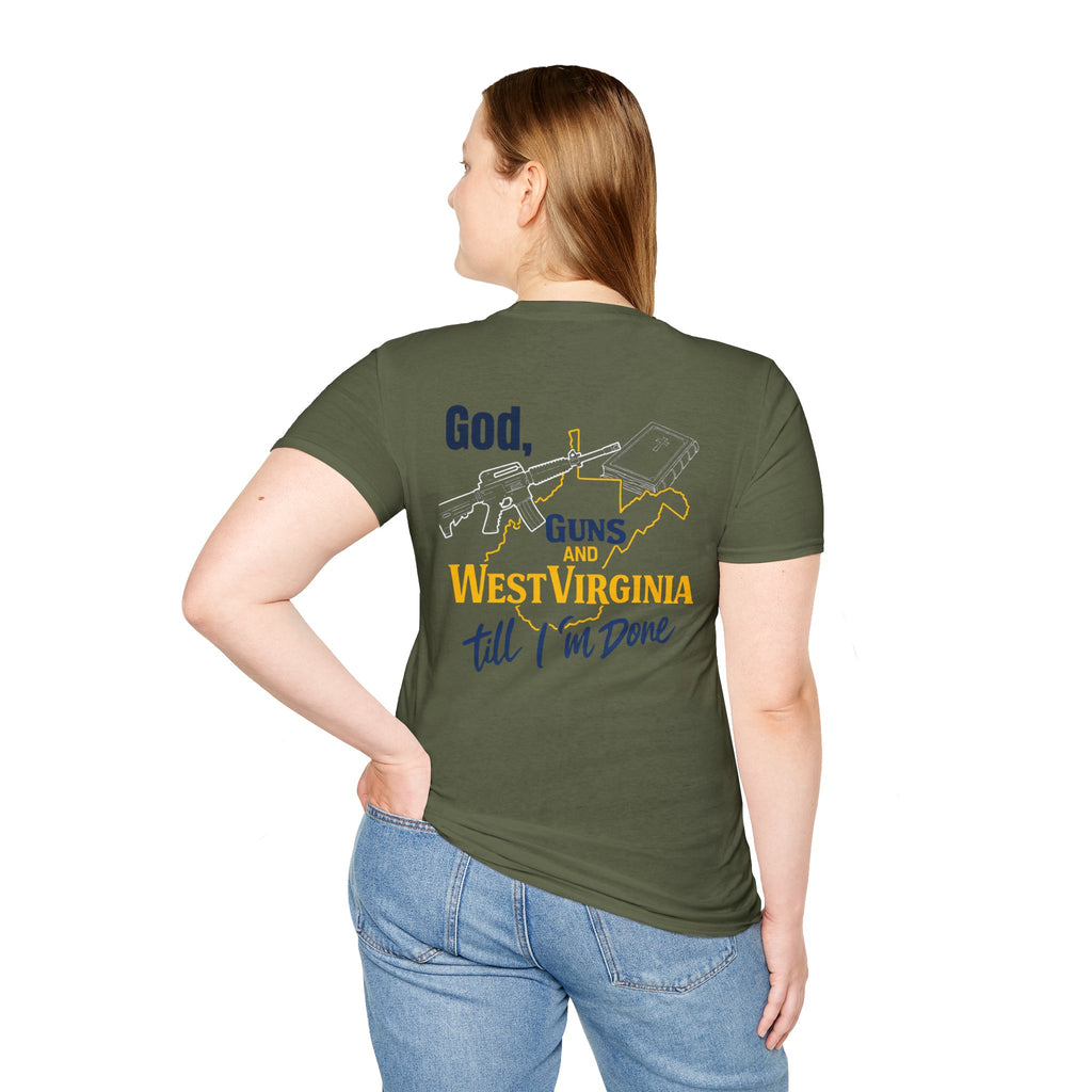 West Virginia Outline T‑Shirt – "God, Guns and West Virginia Till I'm Done" Graphic Tee