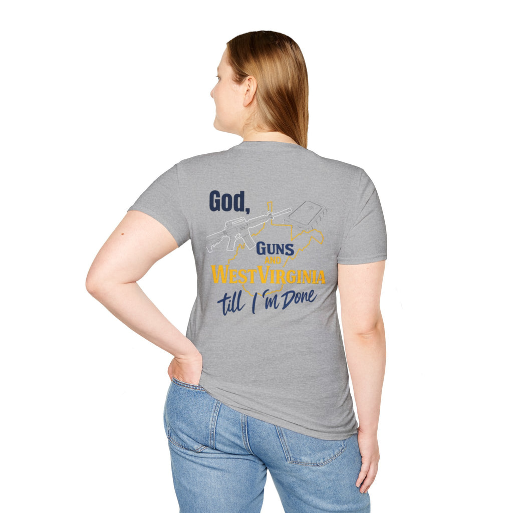 West Virginia Outline T‑Shirt – "God, Guns and West Virginia Till I'm Done" Graphic Tee