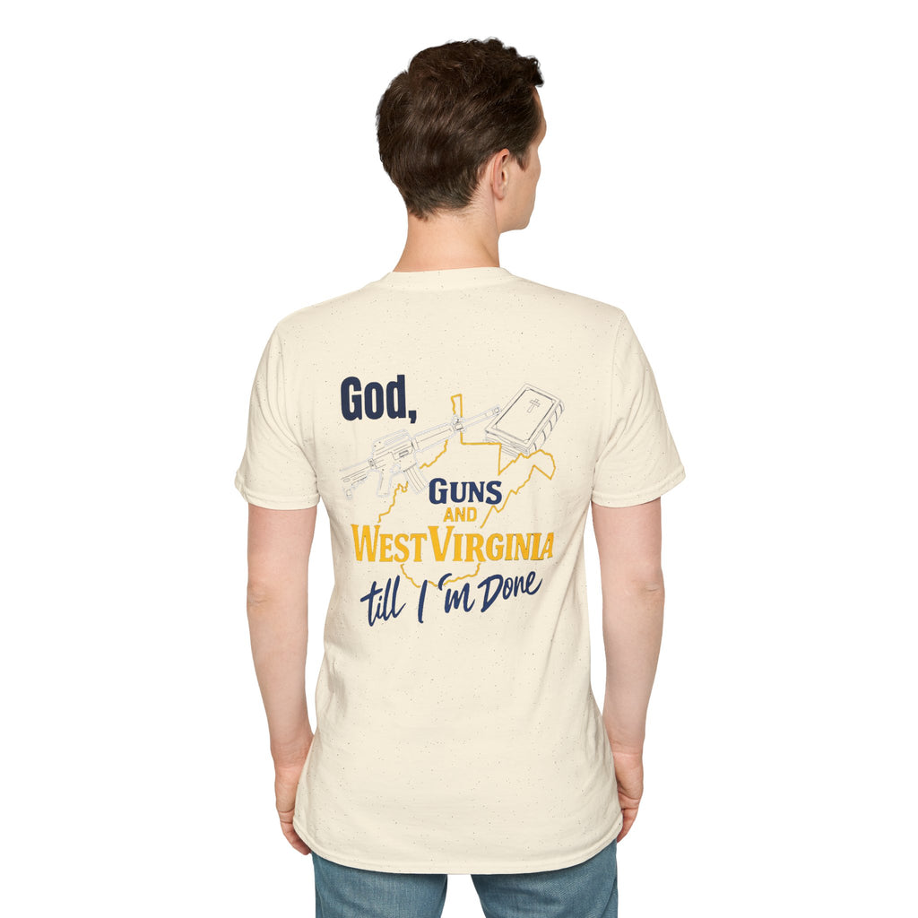 West Virginia Outline T‑Shirt – "God, Guns and West Virginia Till I'm Done" Graphic Tee