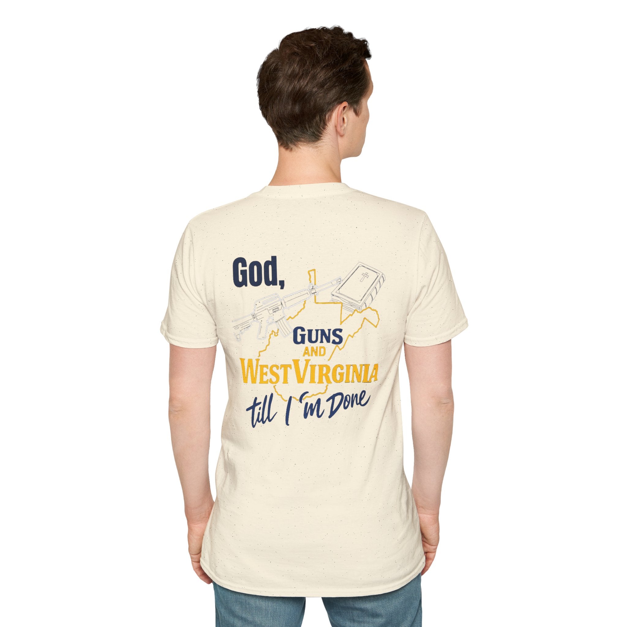 West Virginia Outline T‑Shirt – "God, Guns and West Virginia Till I'm Done" Graphic Tee