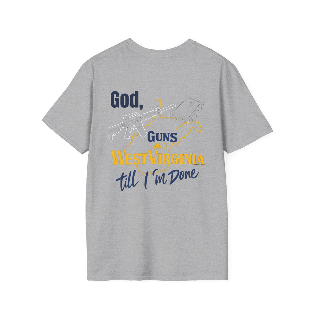 West Virginia Outline T‑Shirt – "God, Guns and West Virginia Till I'm Done" Graphic Tee