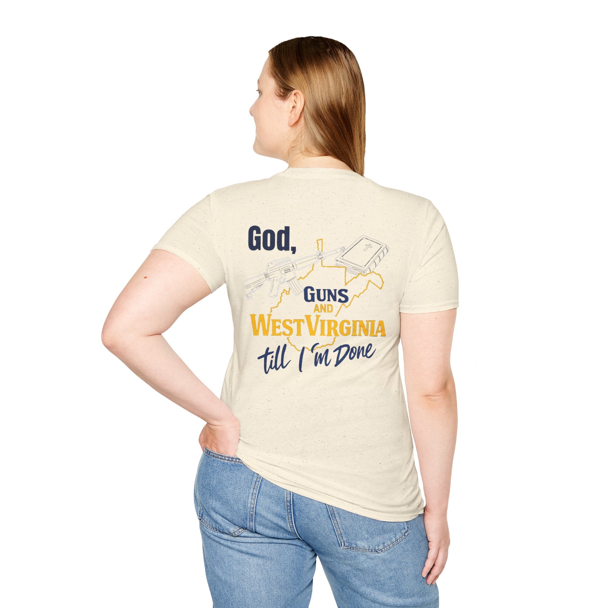 West Virginia Outline T‑Shirt – "God, Guns and West Virginia Till I'm Done" Graphic Tee