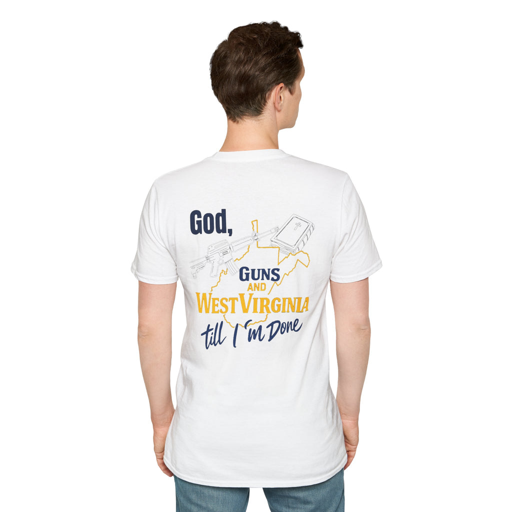 West Virginia Outline T‑Shirt – "God, Guns and West Virginia Till I'm Done" Graphic Tee
