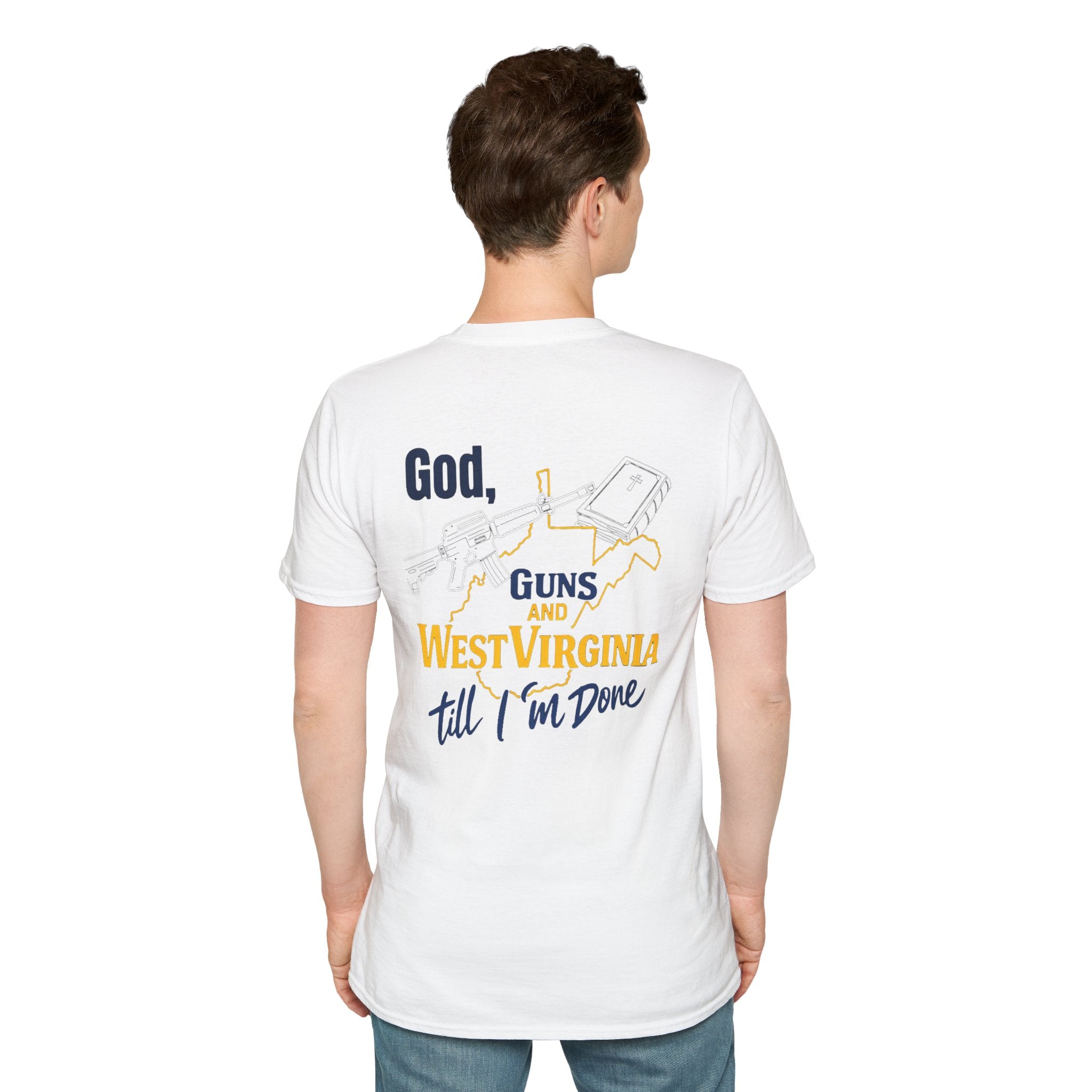 West Virginia Outline T‑Shirt – "God, Guns and West Virginia Till I'm Done" Graphic Tee