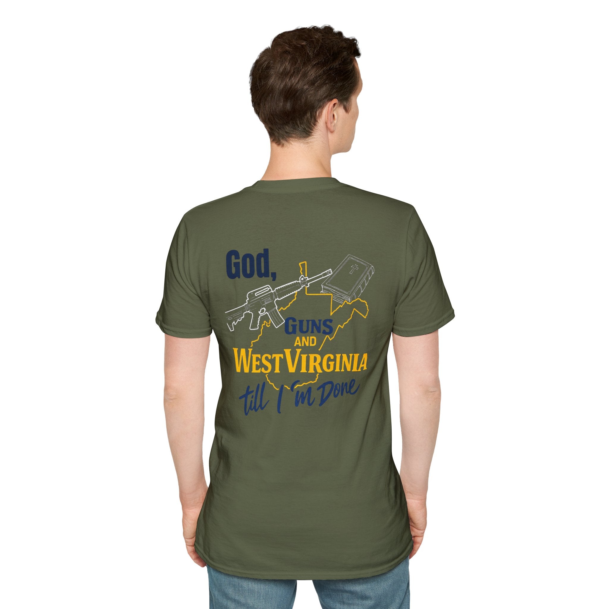 West Virginia Outline T‑Shirt – "God, Guns and West Virginia Till I'm Done" Graphic Tee