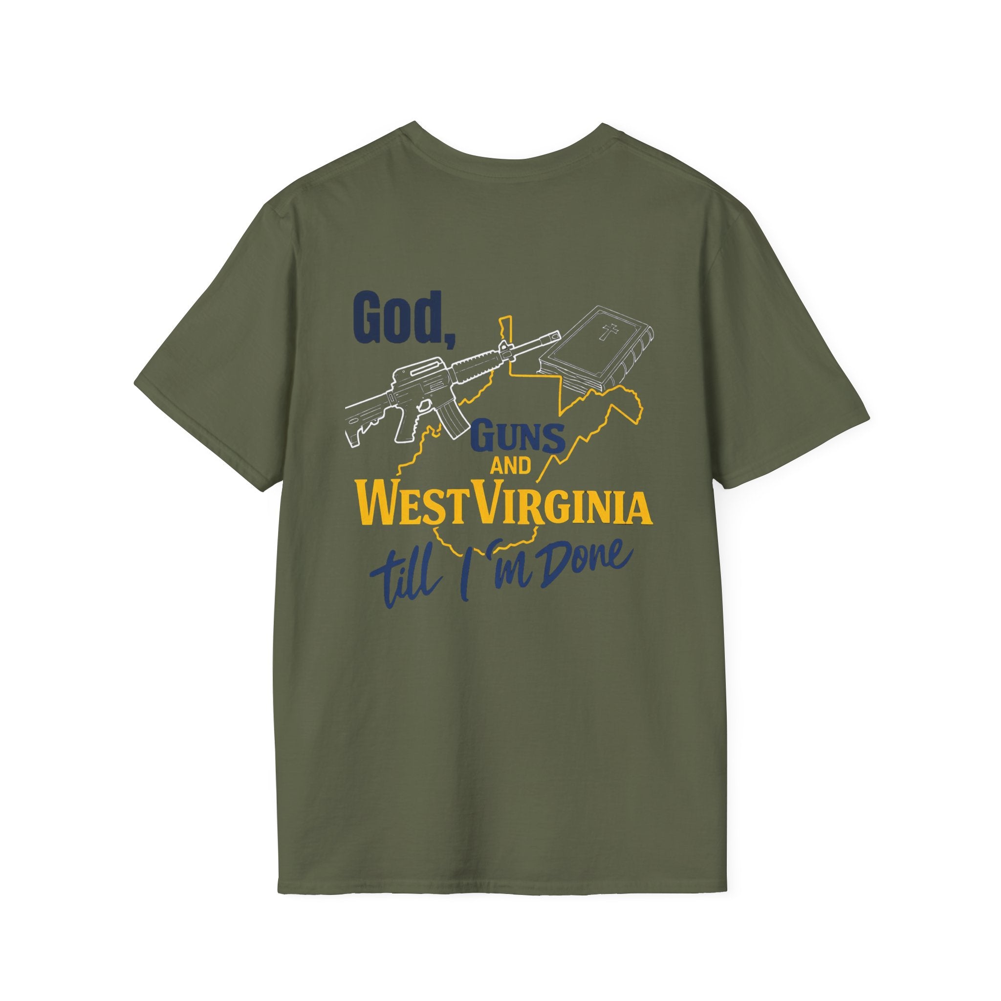 West Virginia Outline T‑Shirt – "God, Guns and West Virginia Till I'm Done" Graphic Tee