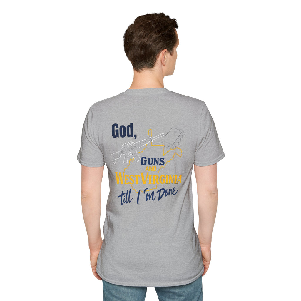 West Virginia Outline T‑Shirt – "God, Guns and West Virginia Till I'm Done" Graphic Tee