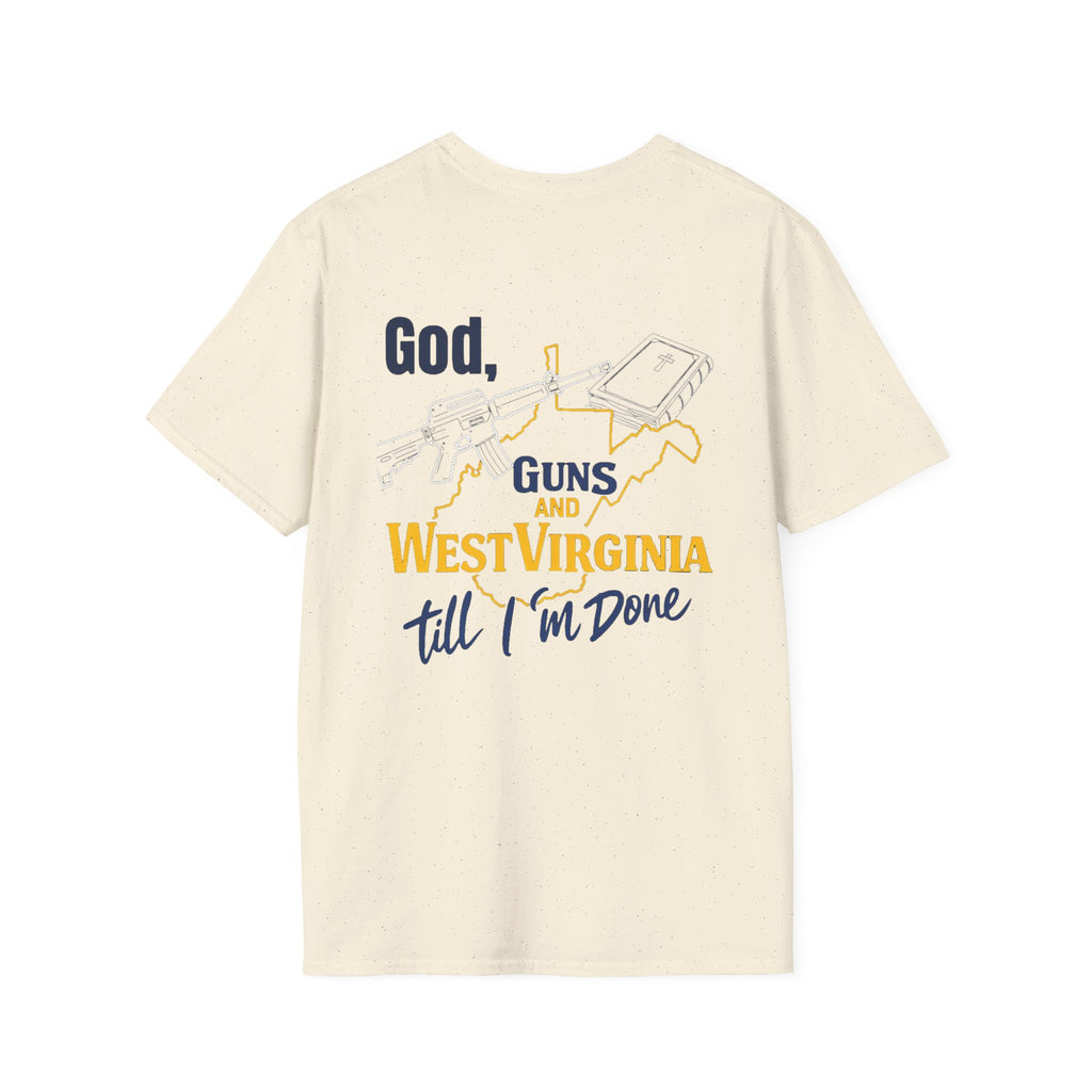 West Virginia Outline T‑Shirt – "God, Guns and West Virginia Till I'm Done" Graphic Tee