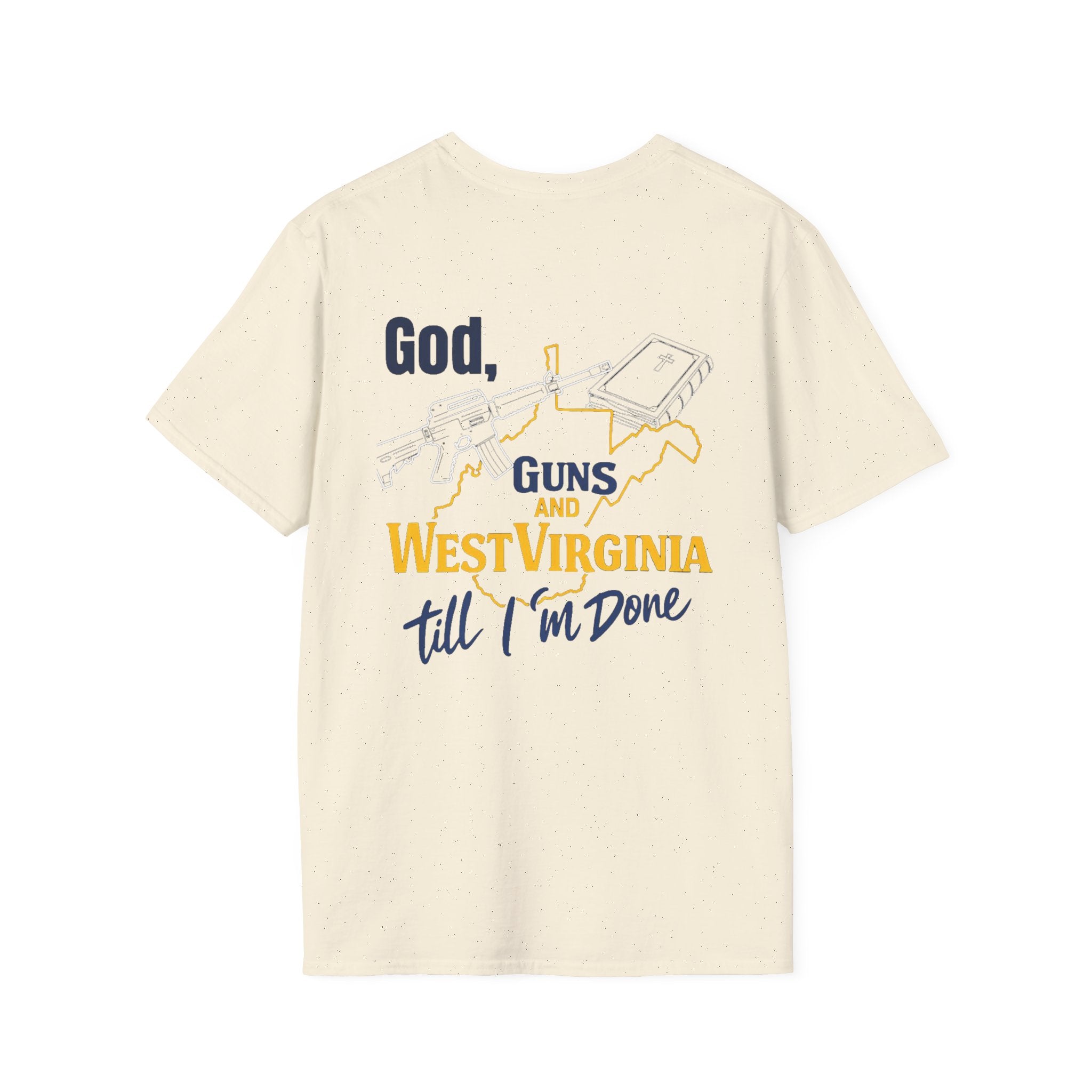 West Virginia Outline T‑Shirt – "God, Guns and West Virginia Till I'm Done" Graphic Tee